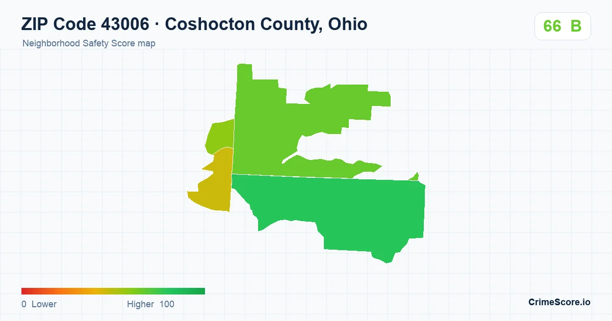 ZIP Code 43006 in Coshocton County, Ohio neighborhood Safety Score map