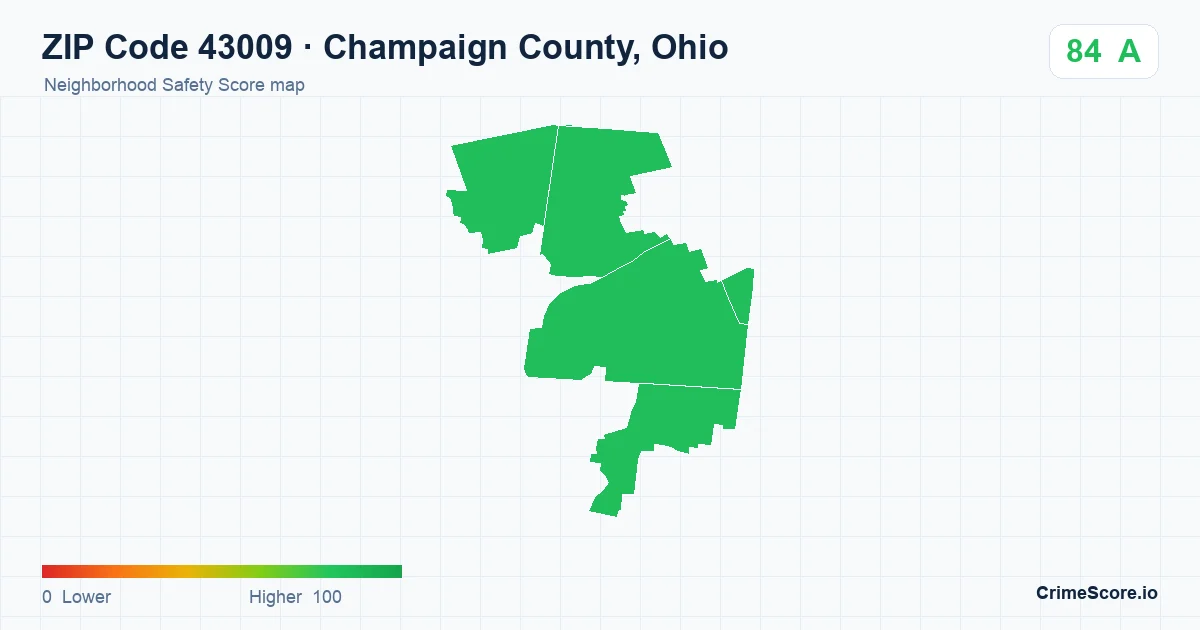 ZIP Code 43009 in Champaign County, Ohio neighborhood Safety Score map