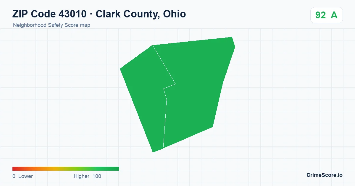 ZIP Code 43010 in Clark County, Ohio neighborhood Safety Score map
