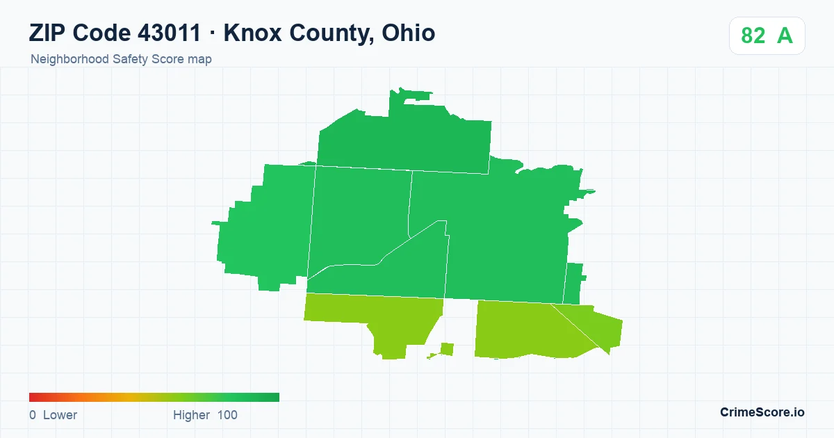 ZIP Code 43011 in Knox County, Ohio neighborhood Safety Score map