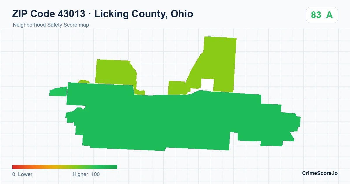 ZIP Code 43013 in Licking County, Ohio neighborhood Safety Score map