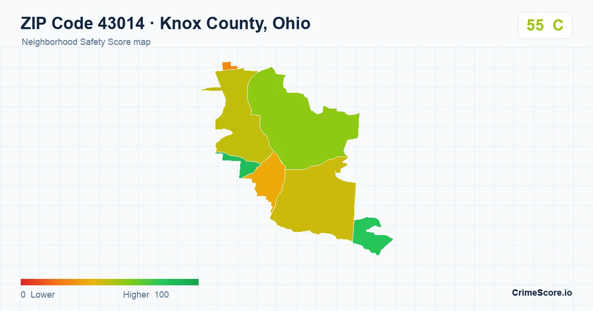 ZIP Code 43014 in Knox County, Ohio neighborhood Safety Score map