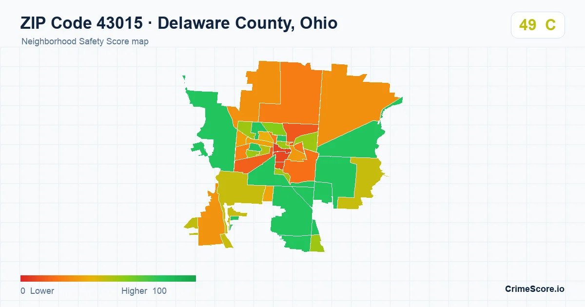 ZIP Code 43015 in Delaware County, Ohio neighborhood Safety Score map