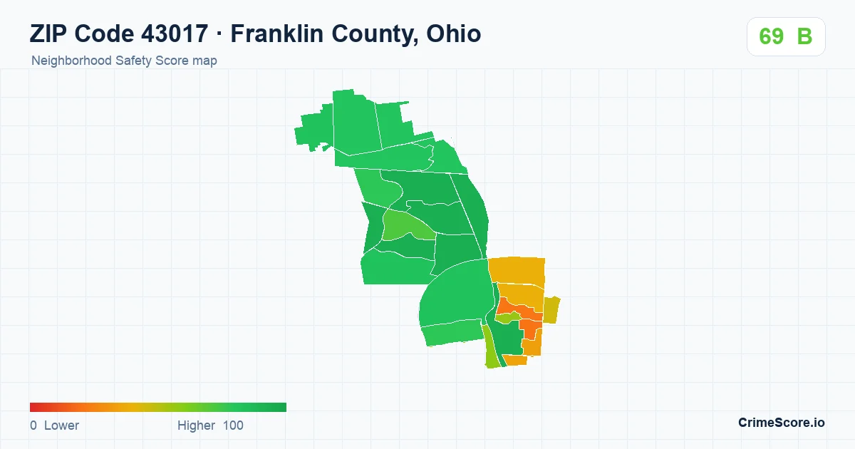 ZIP Code 43017 in Franklin County, Ohio neighborhood Safety Score map
