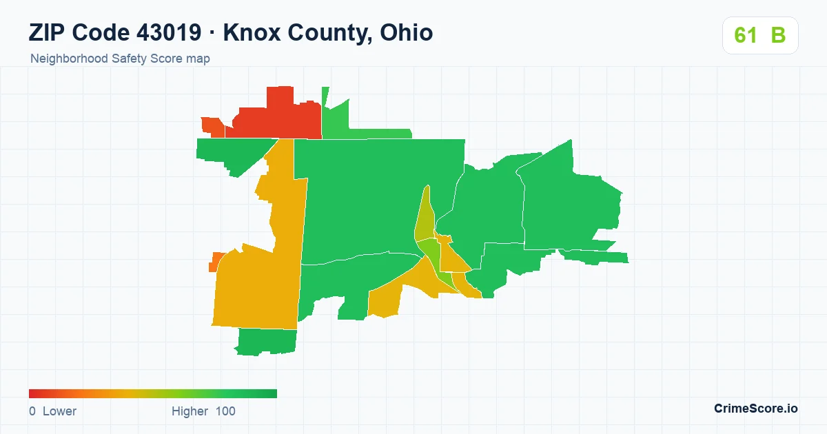 ZIP Code 43019 in Knox County, Ohio neighborhood Safety Score map