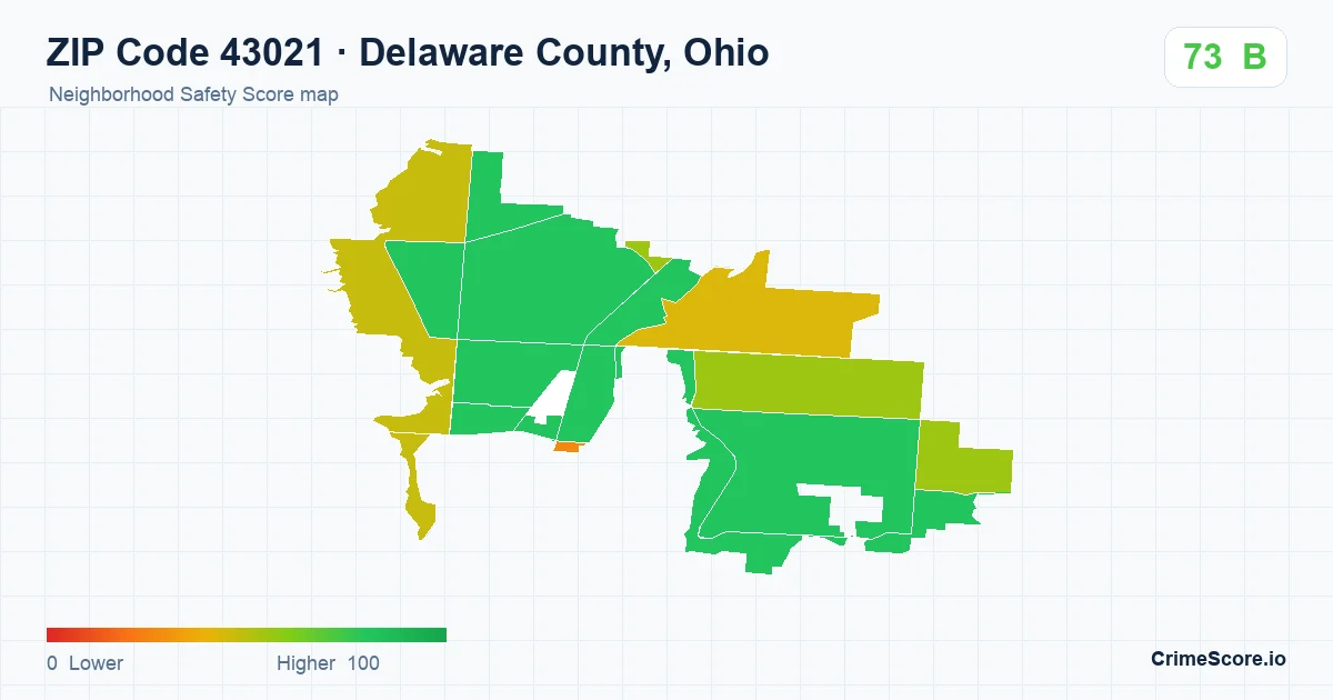 ZIP Code 43021 in Delaware County, Ohio neighborhood Safety Score map