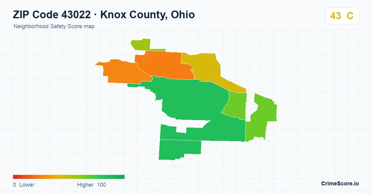 ZIP Code 43022 in Knox County, Ohio neighborhood Safety Score map