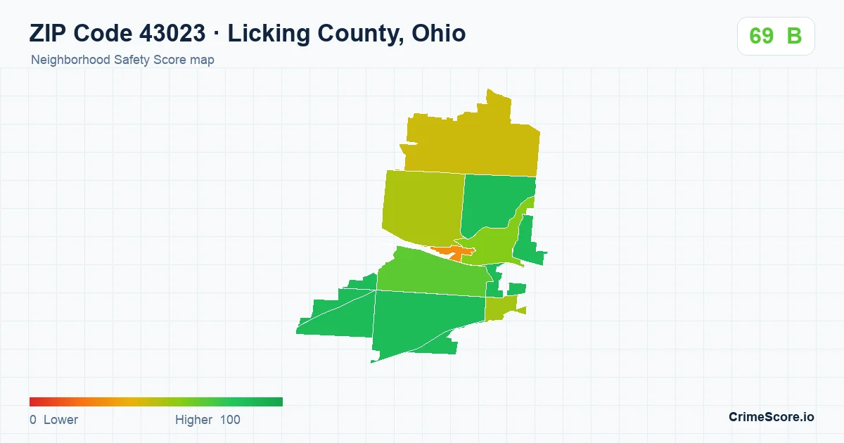 ZIP Code 43023 in Licking County, Ohio neighborhood Safety Score map