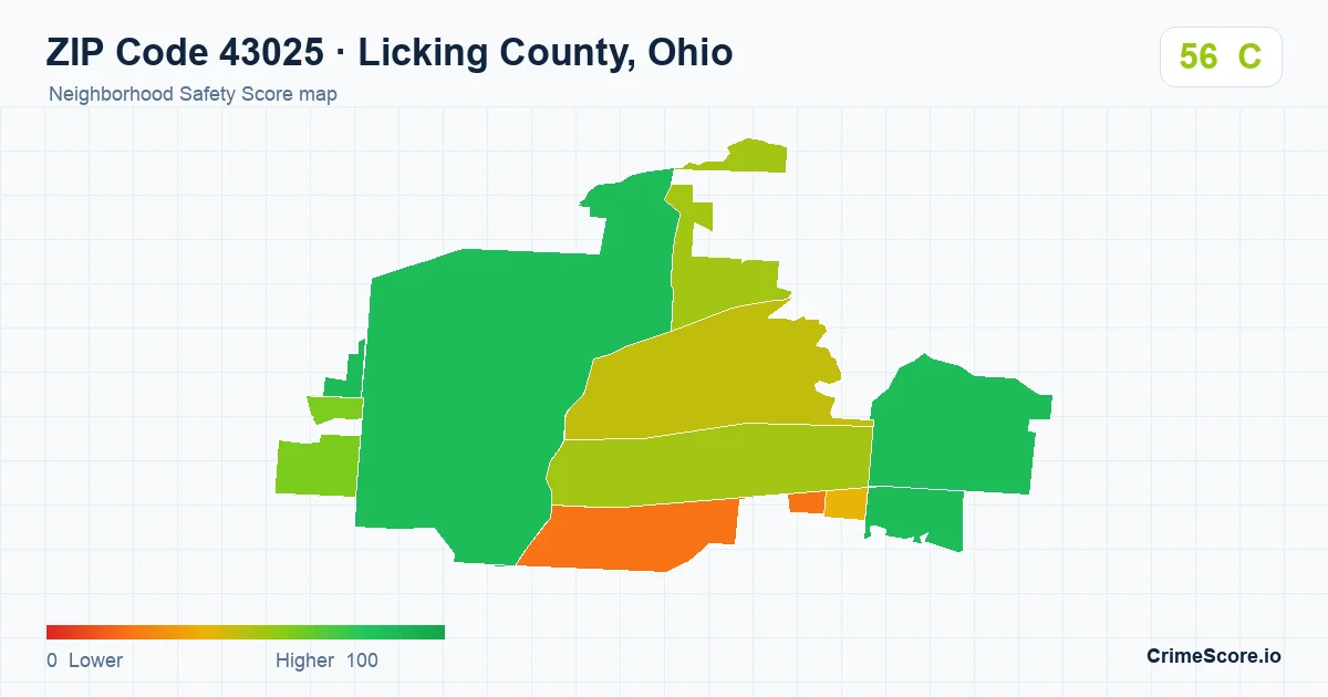 ZIP Code 43025 in Licking County, Ohio neighborhood Safety Score map