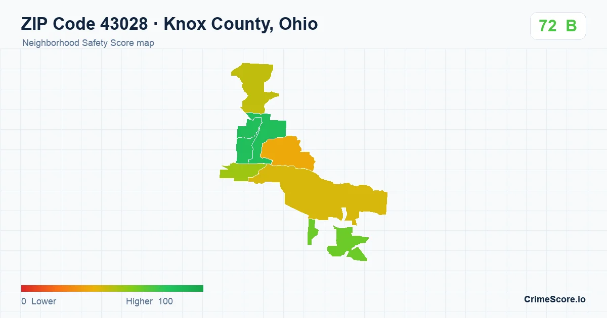 ZIP Code 43028 in Knox County, Ohio neighborhood Safety Score map