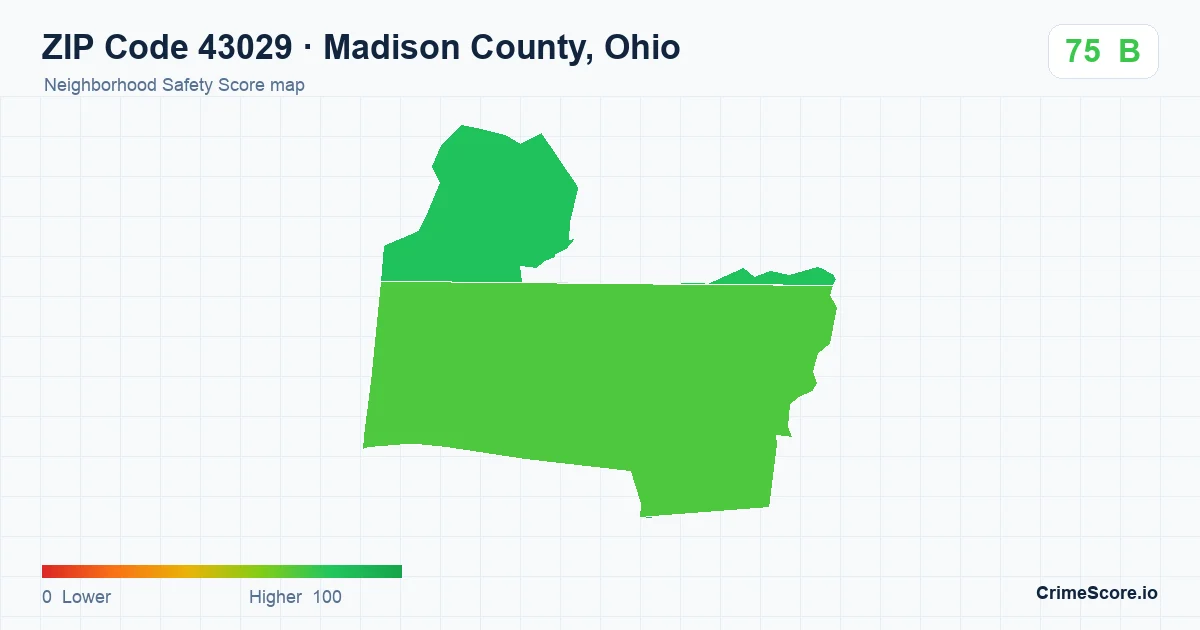 ZIP Code 43029 in Madison County, Ohio neighborhood Safety Score map