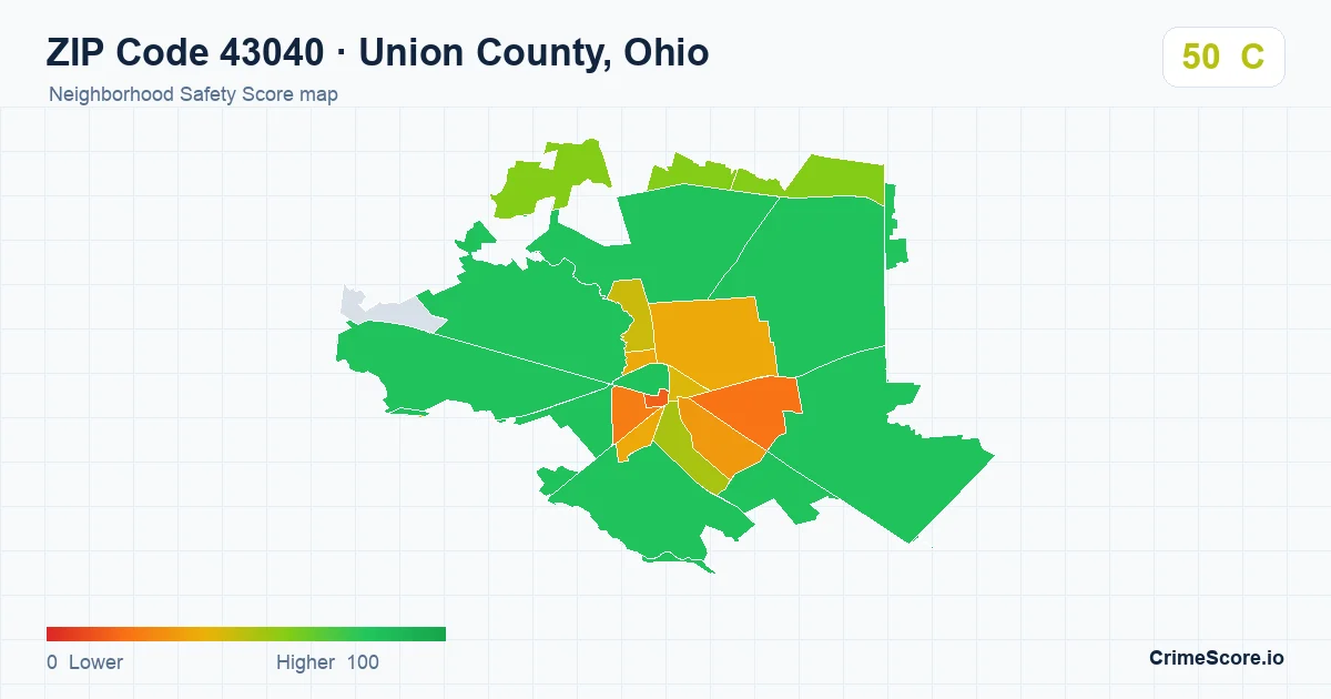 ZIP Code 43040 in Union County, Ohio neighborhood Safety Score map