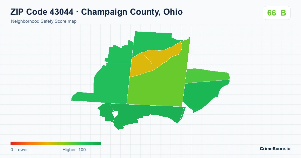 ZIP Code 43044 in Champaign County, Ohio neighborhood Safety Score map