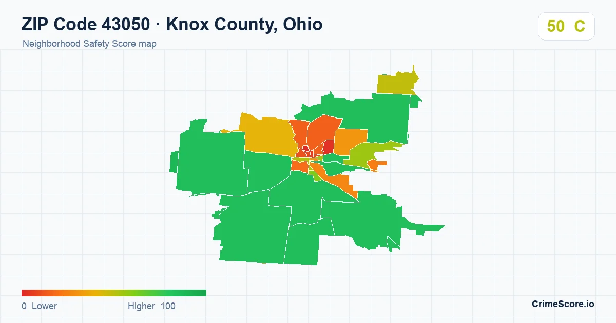 ZIP Code 43050 in Knox County, Ohio neighborhood Safety Score map