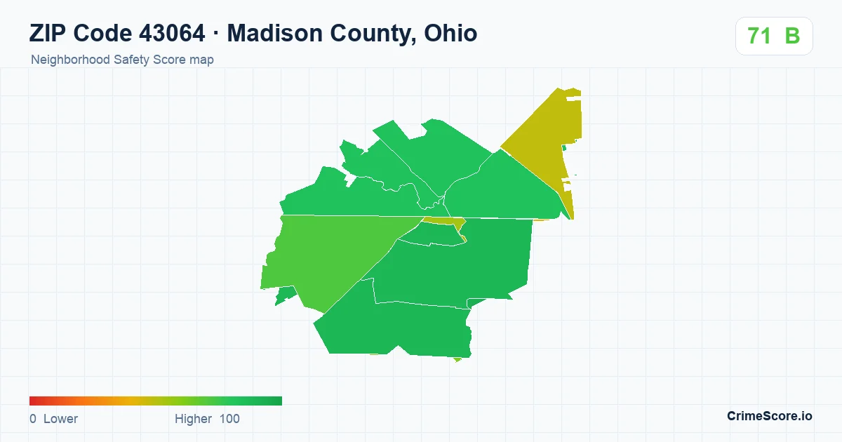 ZIP Code 43064 in Madison County, Ohio neighborhood Safety Score map