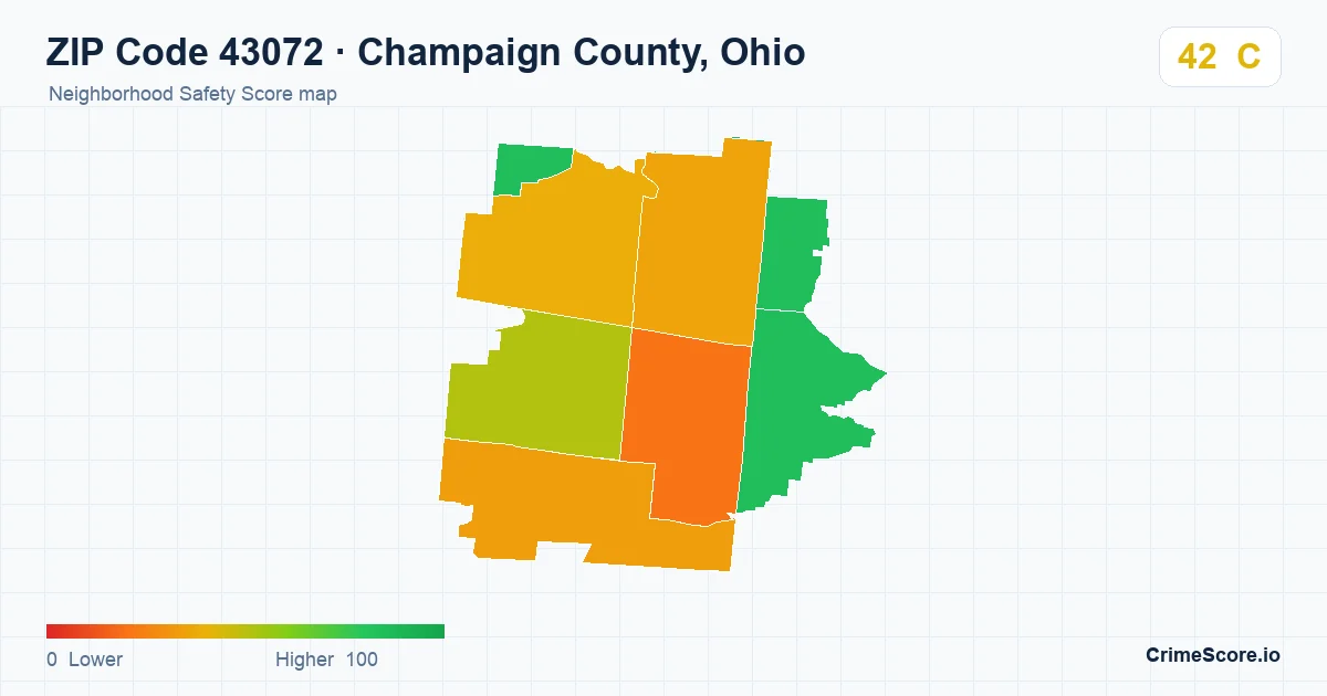 ZIP Code 43072 in Champaign County, Ohio neighborhood Safety Score map