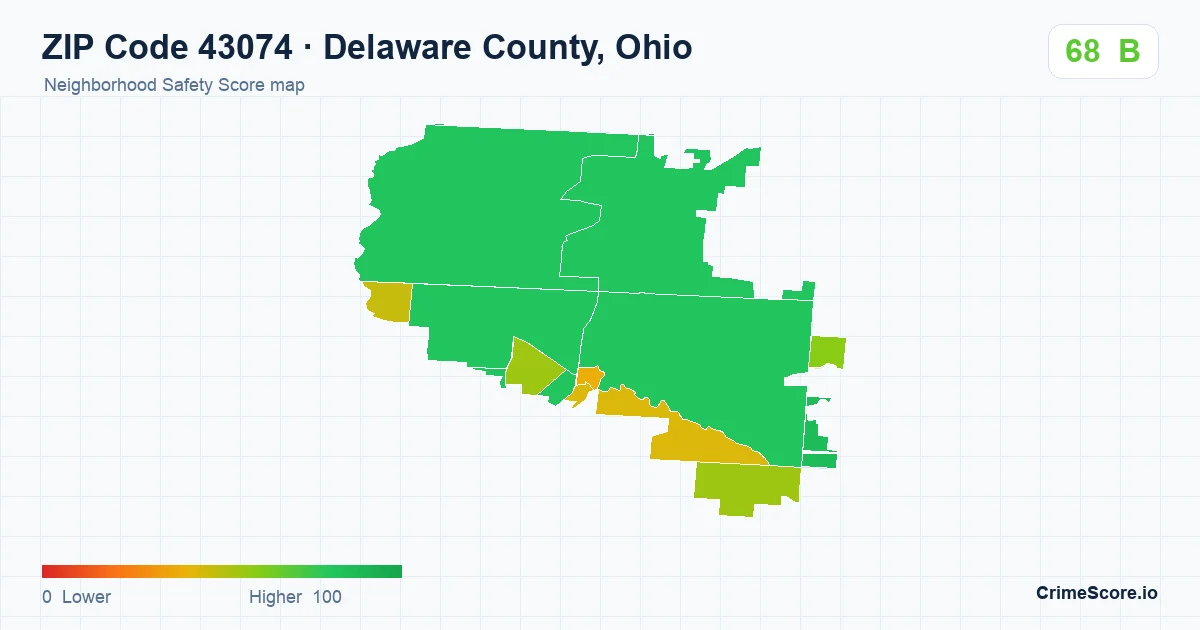 ZIP Code 43074 in Delaware County, Ohio neighborhood Safety Score map