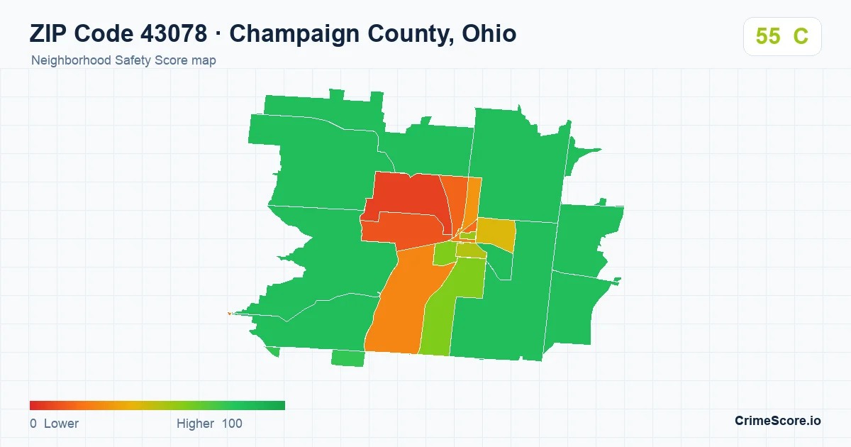 ZIP Code 43078 in Champaign County, Ohio neighborhood Safety Score map