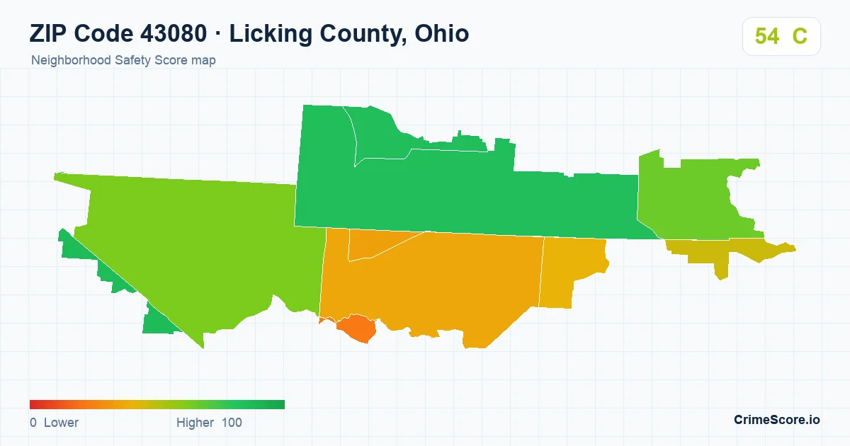 ZIP Code 43080 in Licking County, Ohio neighborhood Safety Score map