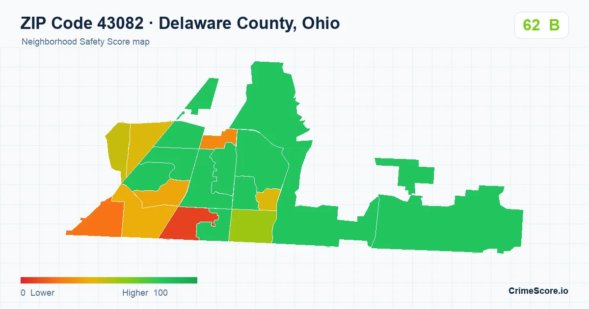 ZIP Code 43082 in Delaware County, Ohio neighborhood Safety Score map