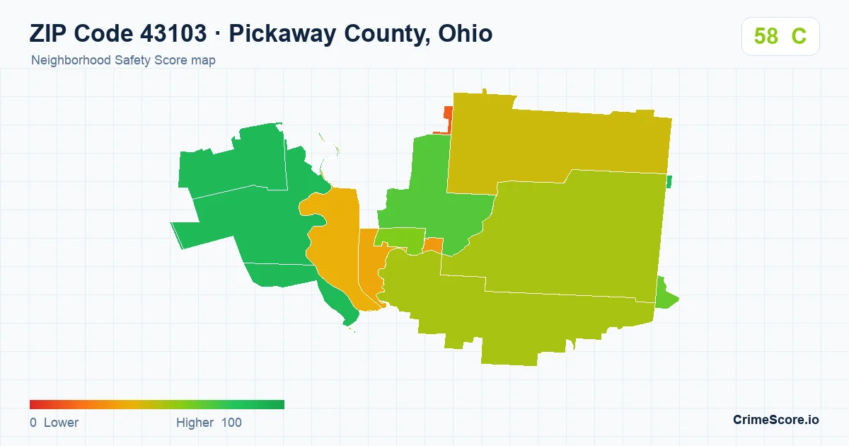 ZIP Code 43103 in Pickaway County, Ohio neighborhood Safety Score map