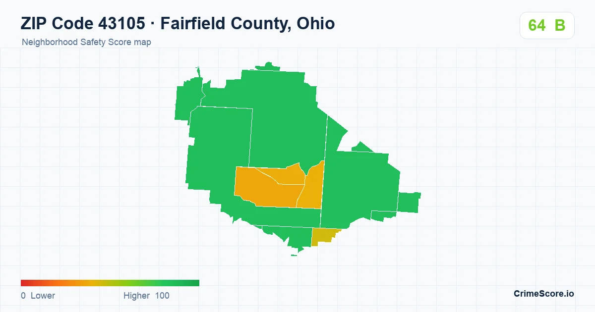 ZIP Code 43105 in Fairfield County, Ohio neighborhood Safety Score map