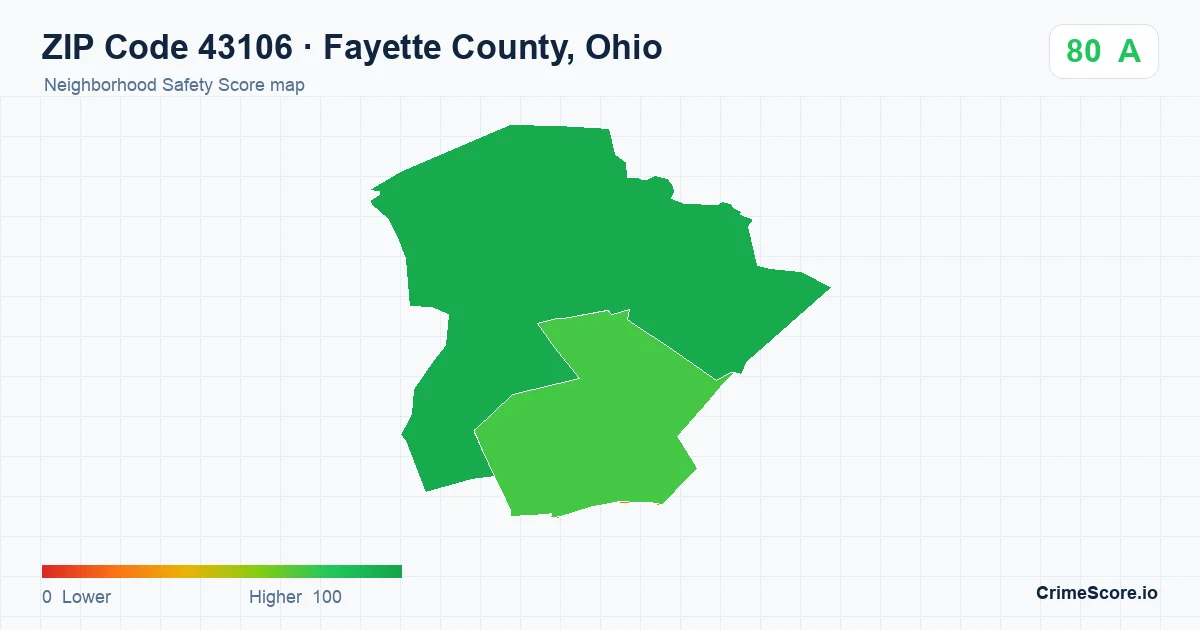 ZIP Code 43106 in Fayette County, Ohio neighborhood Safety Score map
