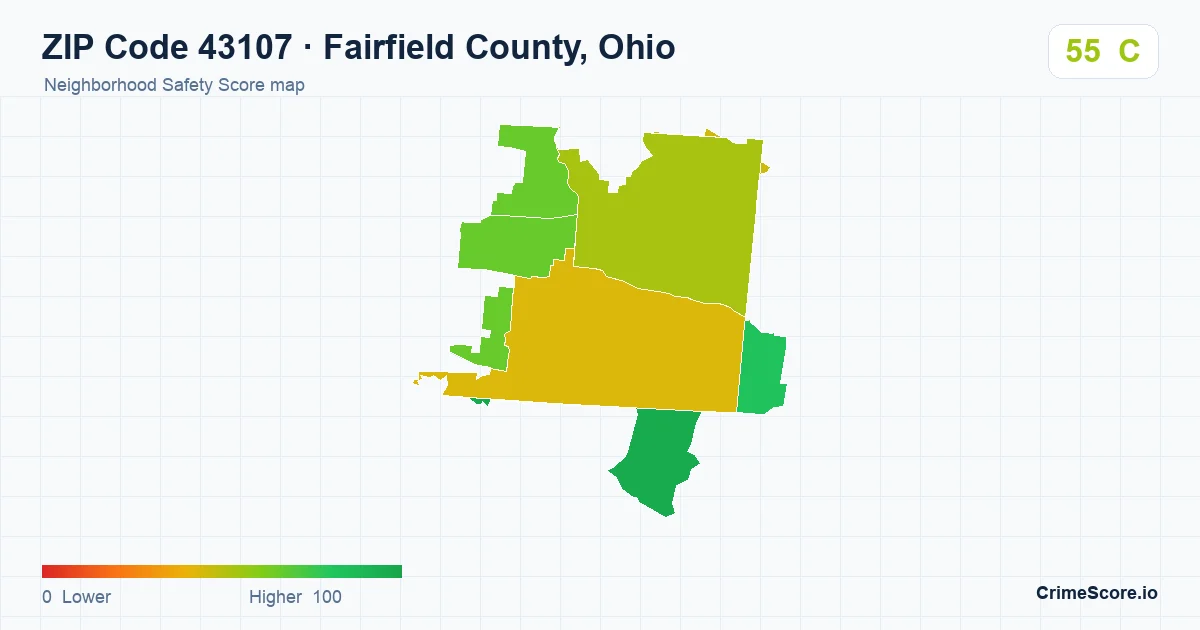 ZIP Code 43107 in Fairfield County, Ohio neighborhood Safety Score map