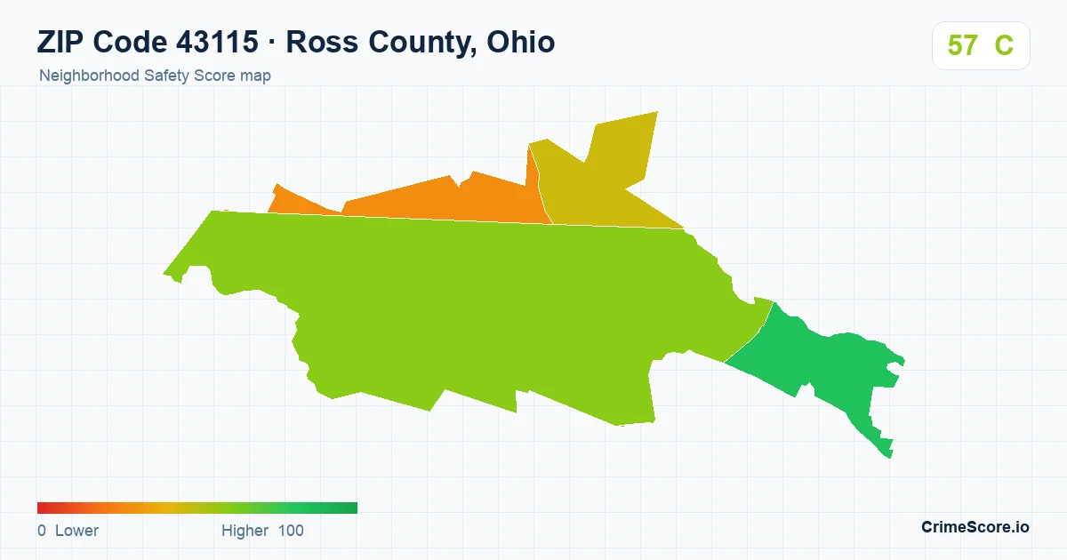 ZIP Code 43115 in Ross County, Ohio neighborhood Safety Score map