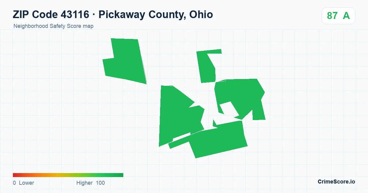 ZIP Code 43116 in Pickaway County, Ohio neighborhood Safety Score map