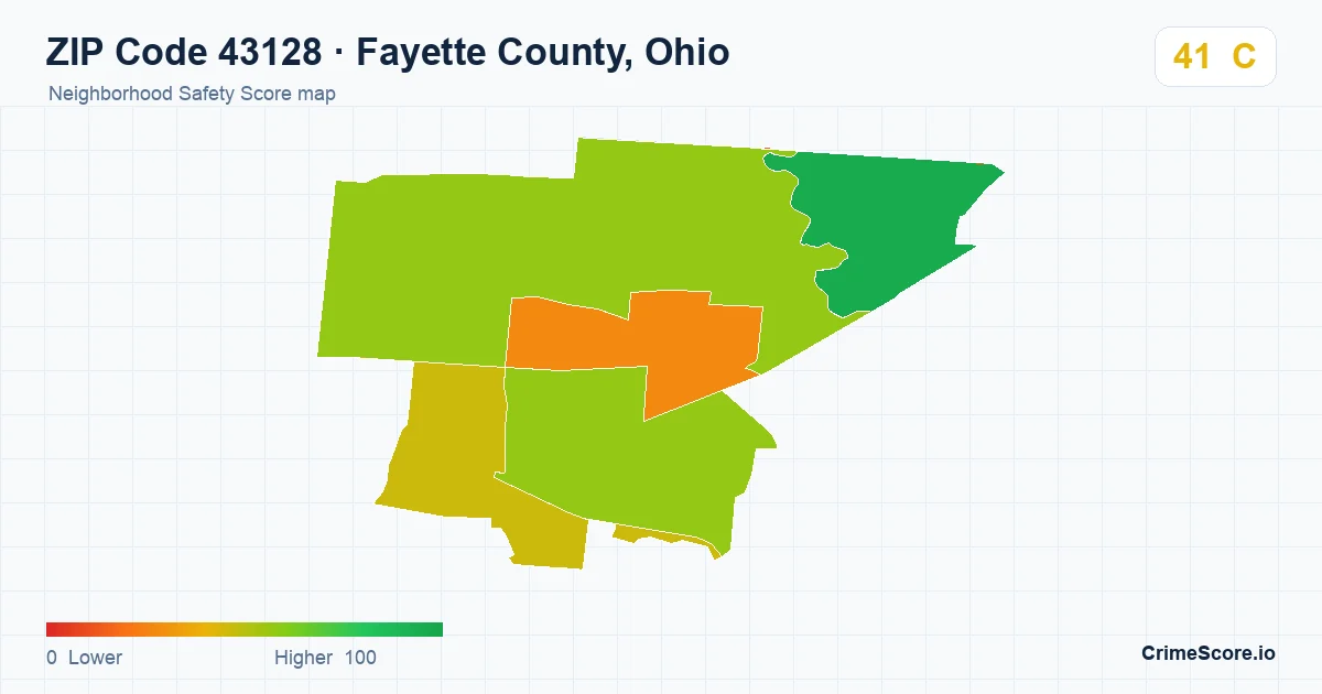 ZIP Code 43128 in Fayette County, Ohio neighborhood Safety Score map