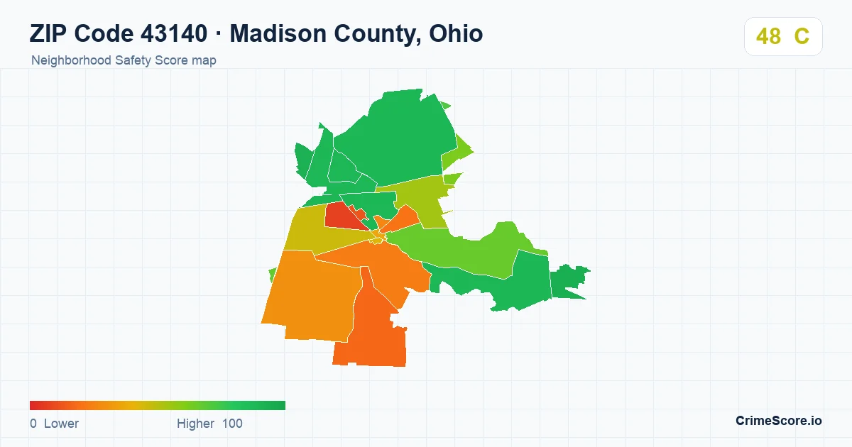 ZIP Code 43140 in Madison County, Ohio neighborhood Safety Score map
