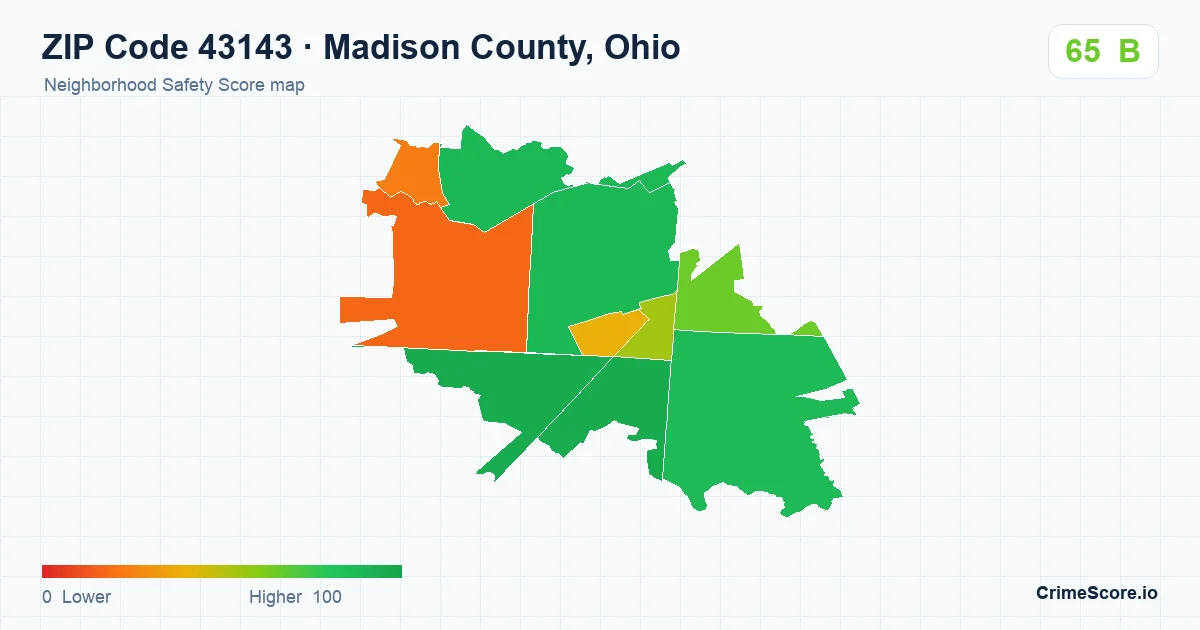 ZIP Code 43143 in Madison County, Ohio neighborhood Safety Score map