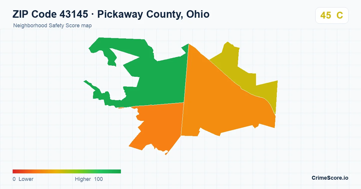 ZIP Code 43145 in Pickaway County, Ohio neighborhood Safety Score map
