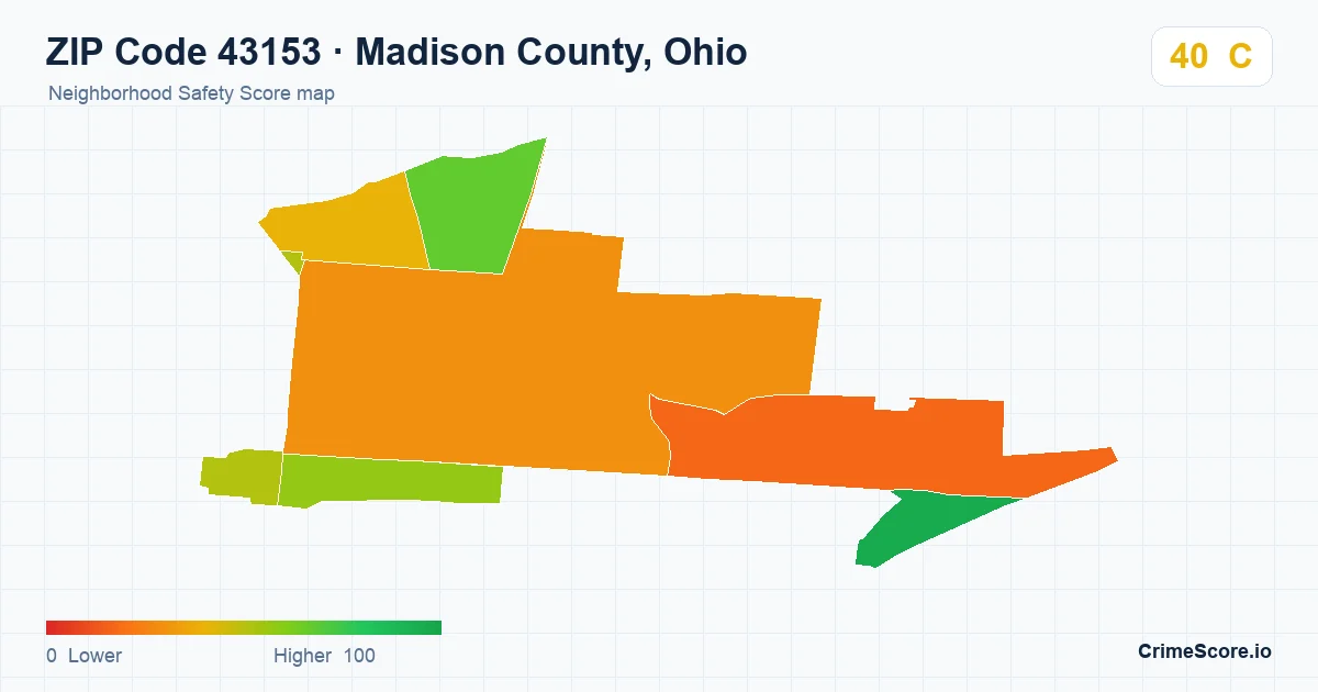 ZIP Code 43153 in Madison County, Ohio neighborhood Safety Score map
