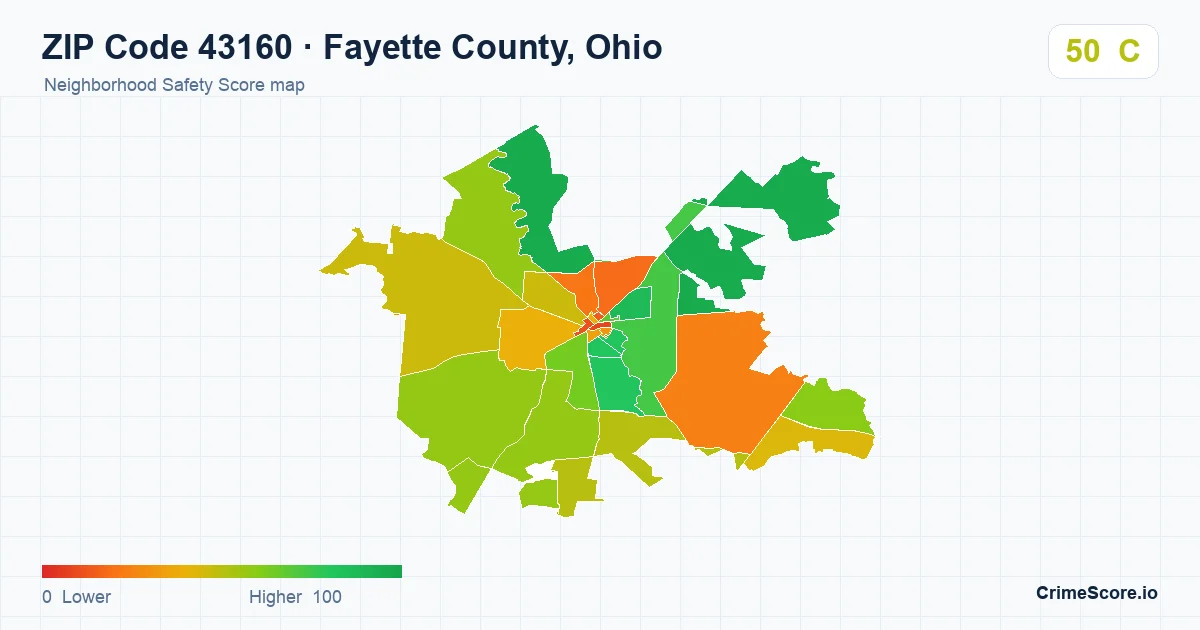ZIP Code 43160 in Fayette County, Ohio neighborhood Safety Score map