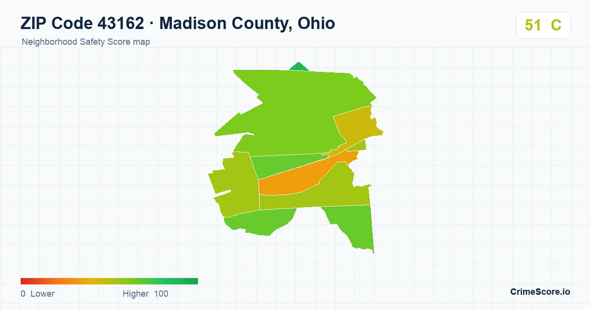 ZIP Code 43162 in Madison County, Ohio neighborhood Safety Score map
