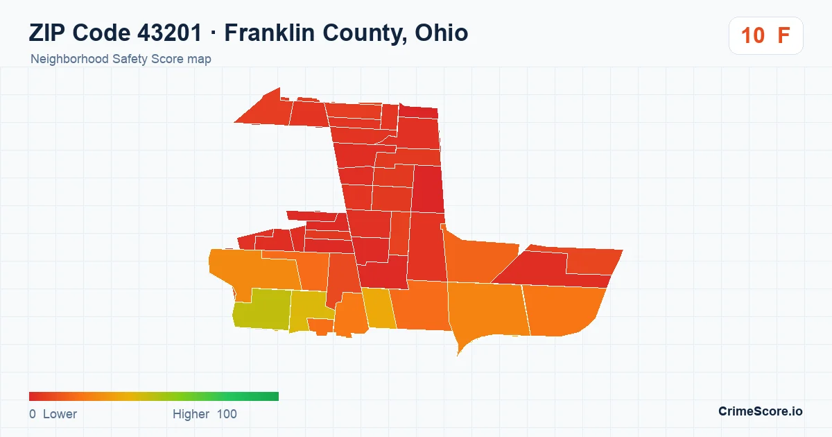 ZIP Code 43201 in Franklin County, Ohio neighborhood Safety Score map