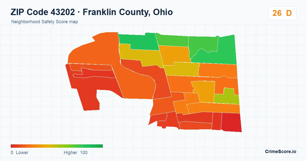 ZIP Code 43202 in Franklin County, Ohio neighborhood Safety Score map