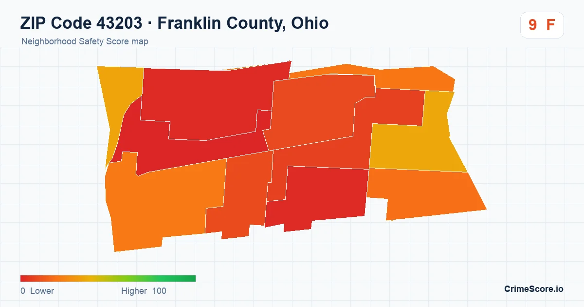 ZIP Code 43203 in Franklin County, Ohio neighborhood Safety Score map