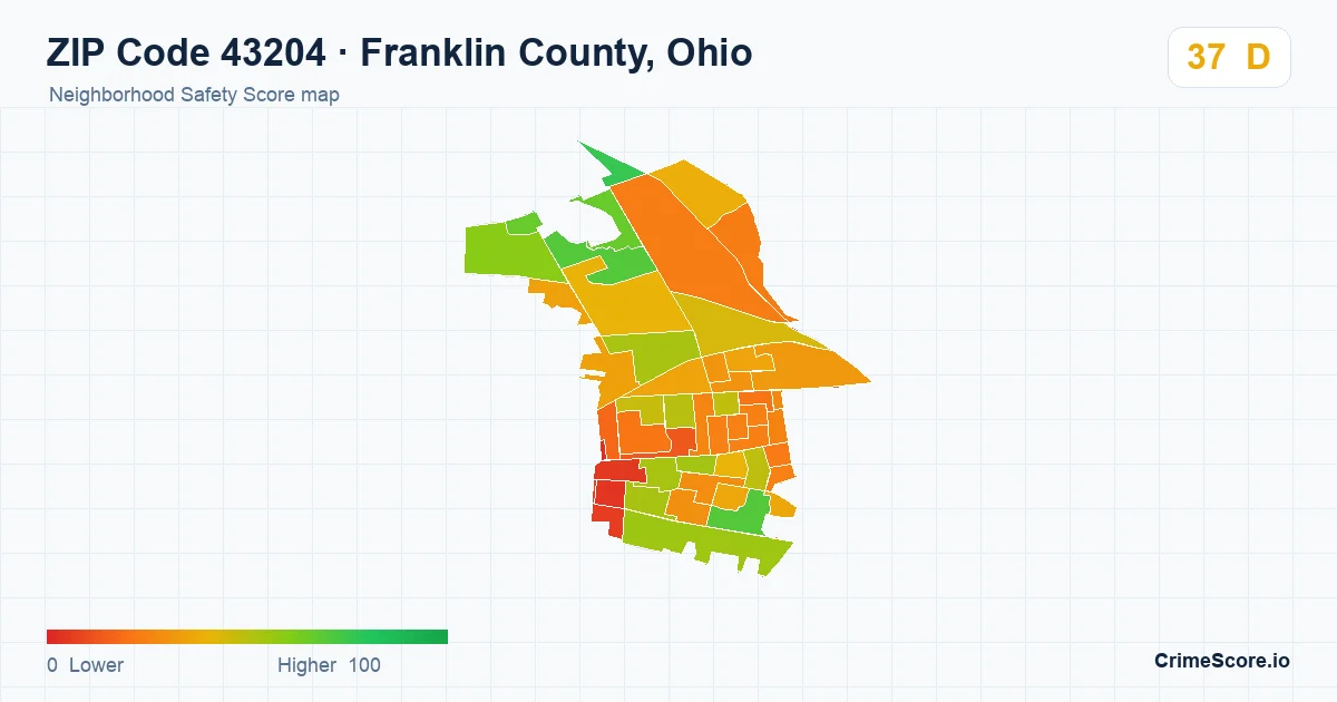 ZIP Code 43204 in Franklin County, Ohio neighborhood Safety Score map