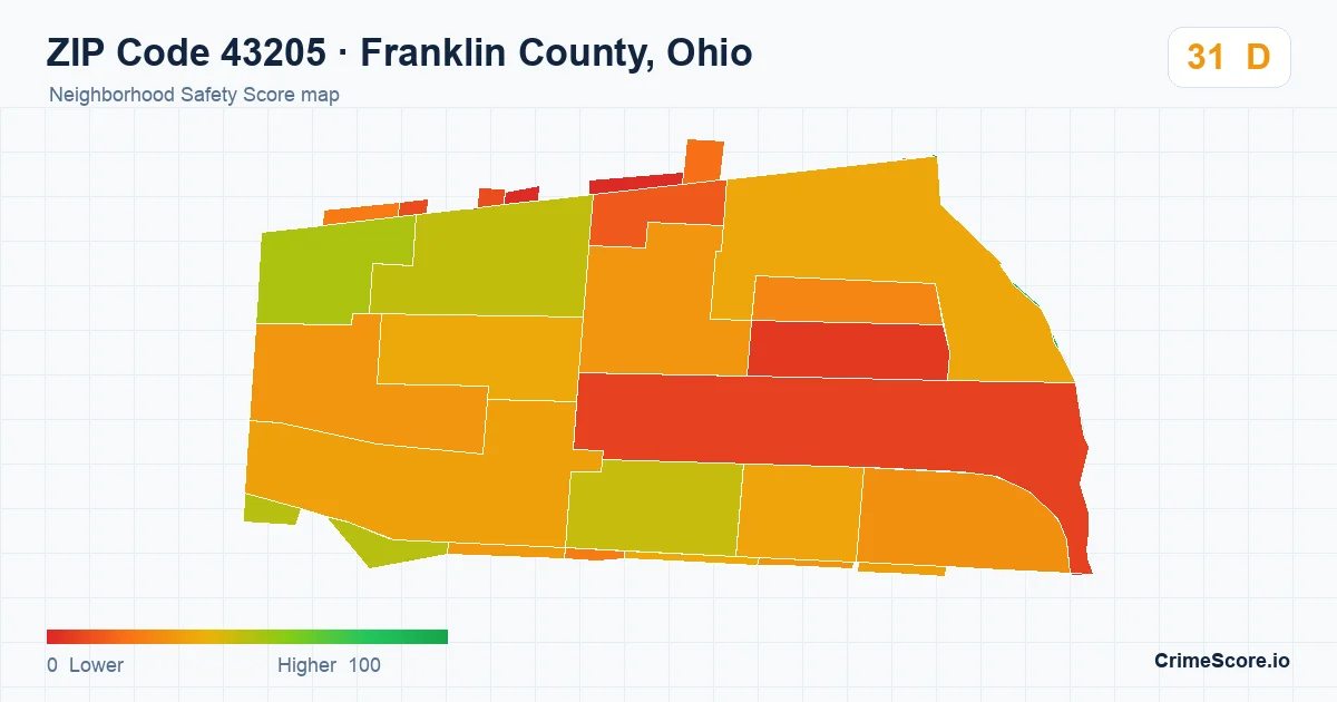 ZIP Code 43205 in Franklin County, Ohio neighborhood Safety Score map