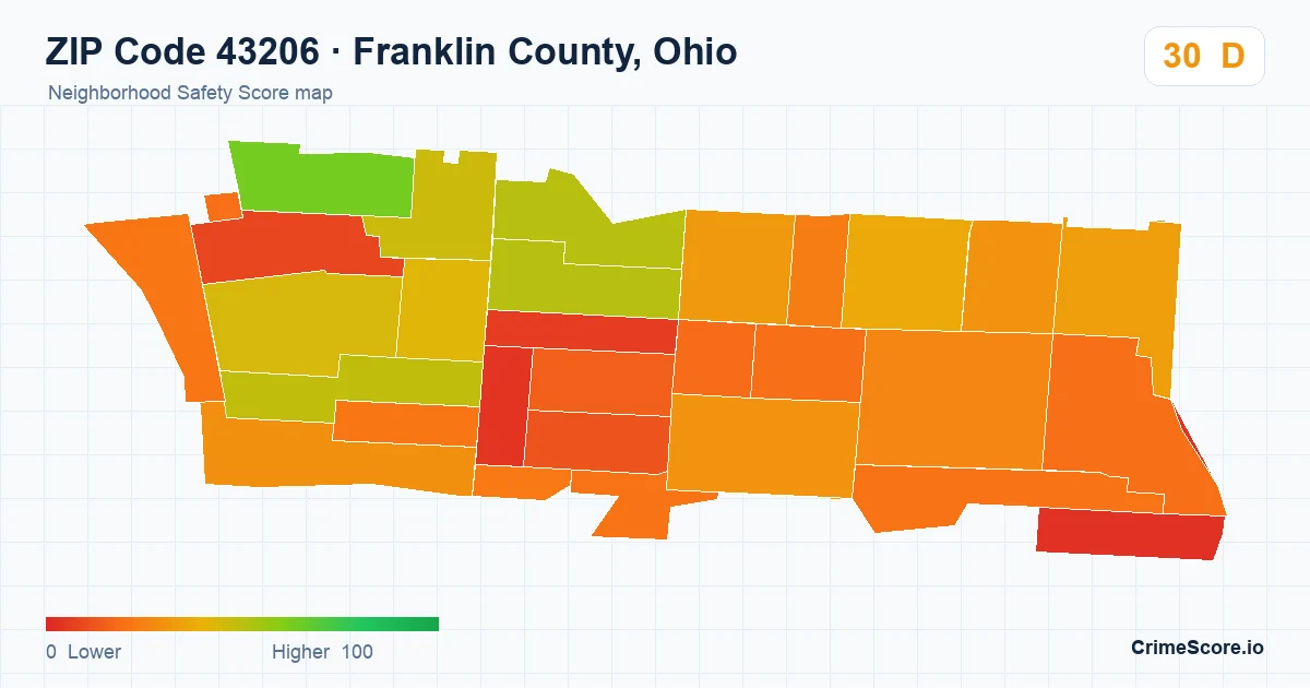 ZIP Code 43206 in Franklin County, Ohio neighborhood Safety Score map