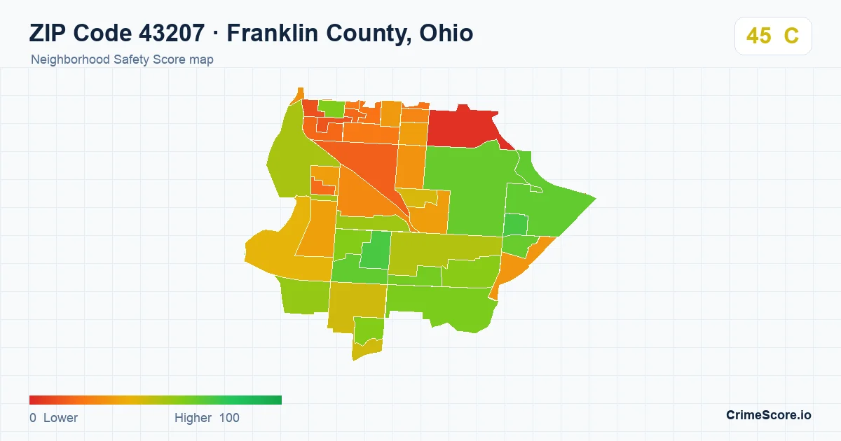 ZIP Code 43207 in Franklin County, Ohio neighborhood Safety Score map
