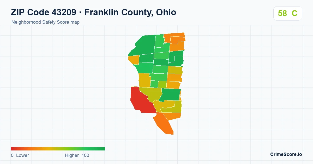 ZIP Code 43209 in Franklin County, Ohio neighborhood Safety Score map