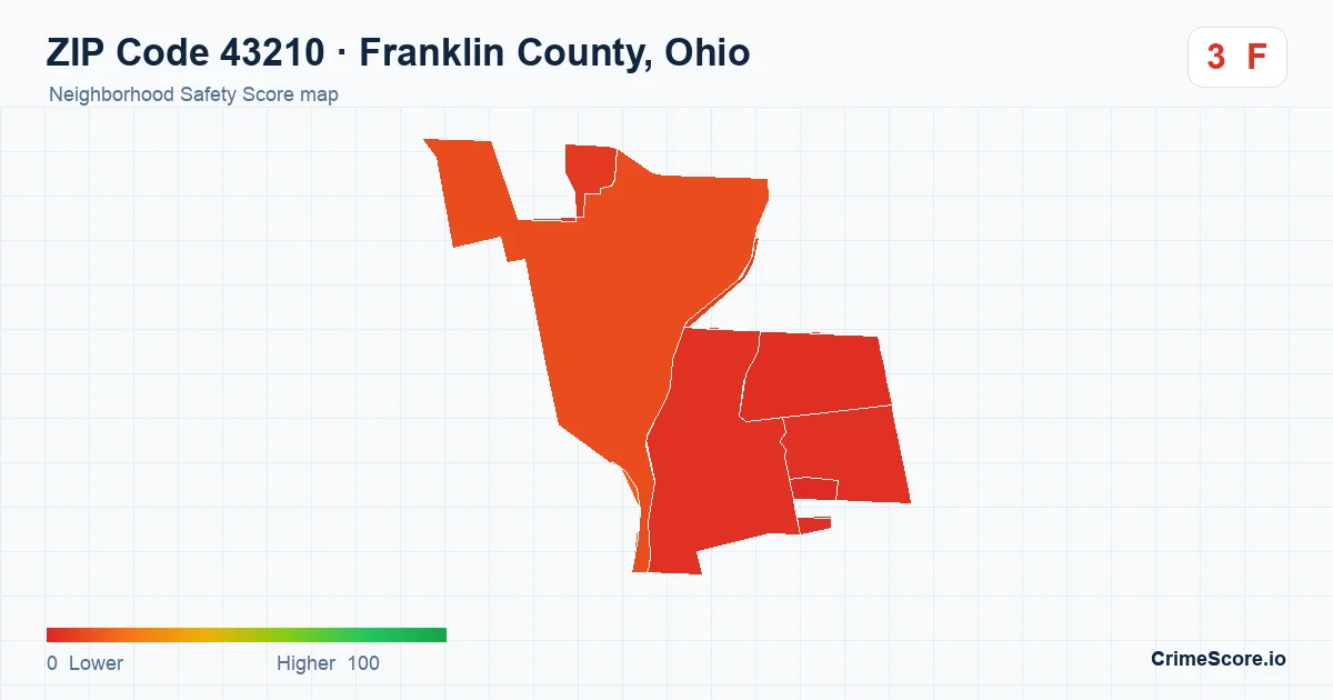 ZIP Code 43210 in Franklin County, Ohio neighborhood Safety Score map
