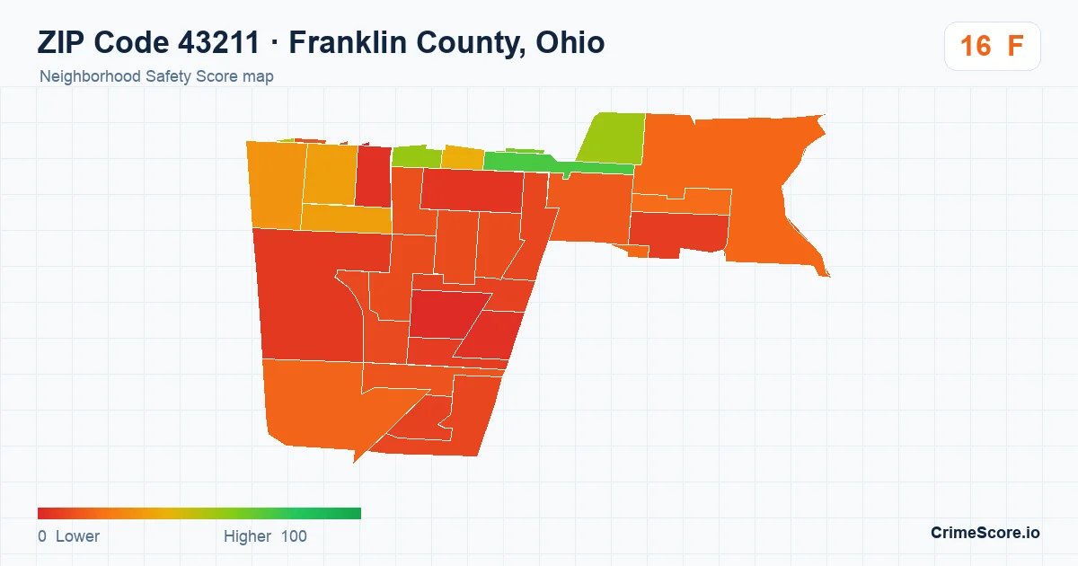 ZIP Code 43211 in Franklin County, Ohio neighborhood Safety Score map