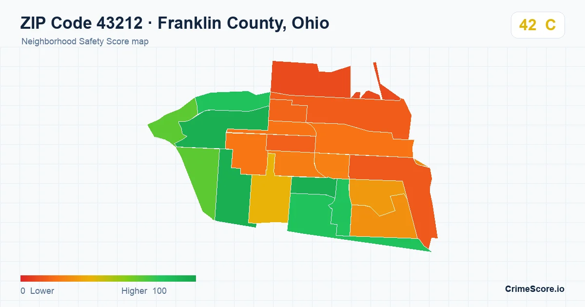 ZIP Code 43212 in Franklin County, Ohio neighborhood Safety Score map