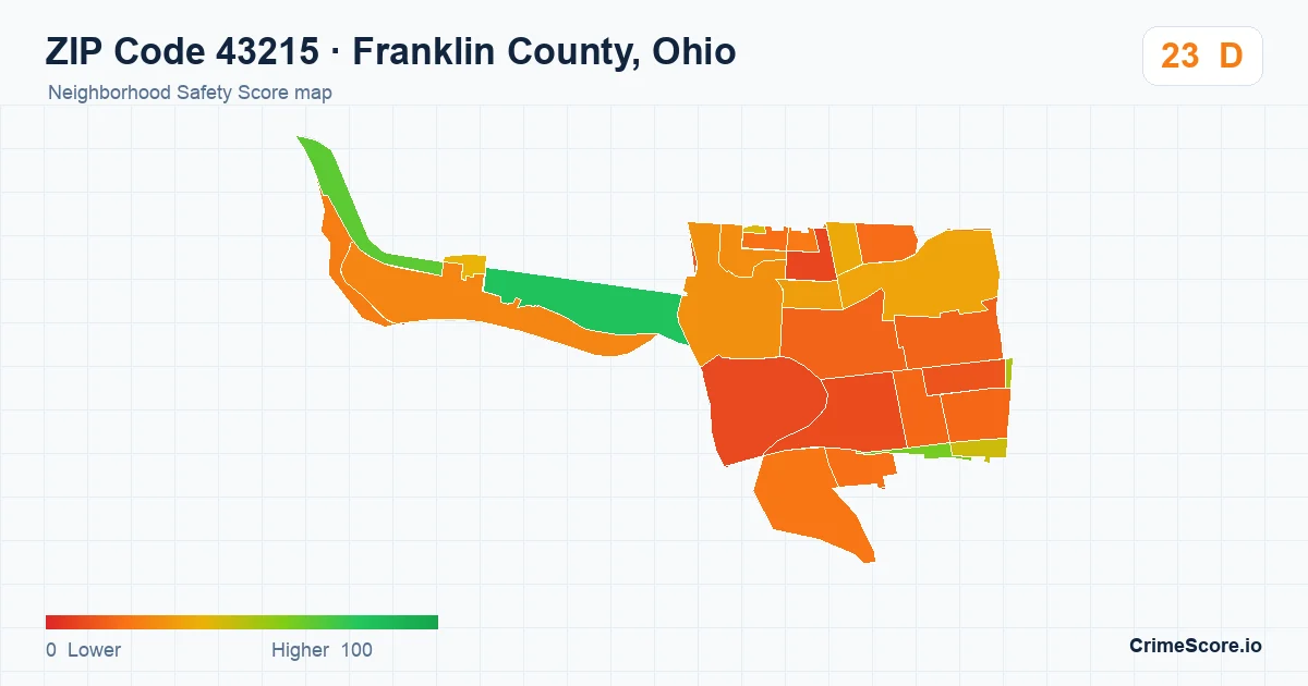 ZIP Code 43215 in Franklin County, Ohio neighborhood Safety Score map