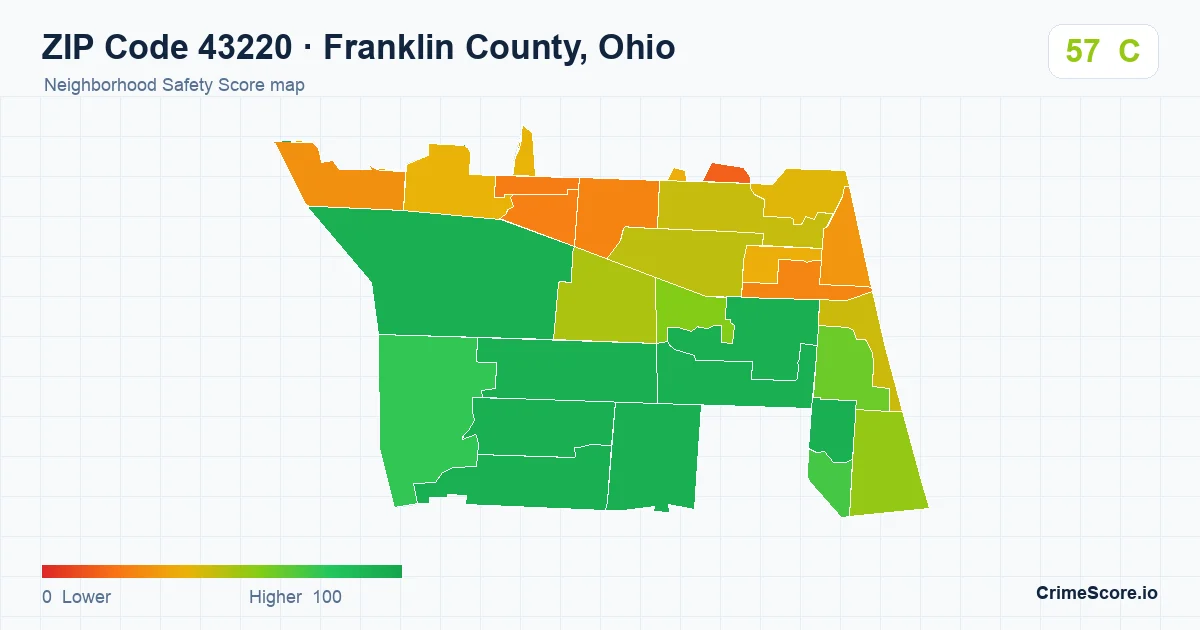 ZIP Code 43220 in Franklin County, Ohio neighborhood Safety Score map